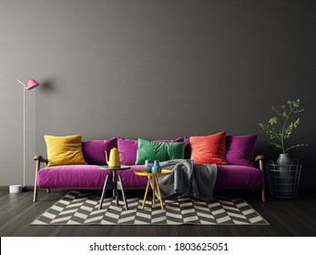 Eclectic design interior with purple sofa. Scandinavian furniture. 3d illustration