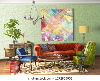 eclectic interior and wood flooring and pastel green wall of Living  room, 3d rendering