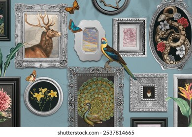 Eclectic wall art with frames, butterflies, and birds background. Frames showcase nature, animals, and flowers background. Wall art with butterflies, birds, and frames creates a vibrant display.