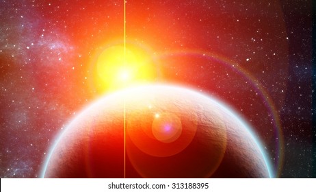 Eclipse Of Red Dwarf And Planet In Outer Space. Digital Illustration.