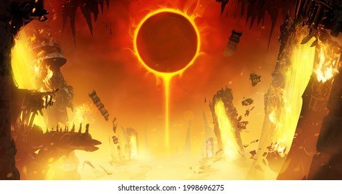An eclipse of the yellow sun in a hot sky in the middle of the crazy ruins of hell, where fragments of Gothic-style buildings and magical portals to other worlds are scattered. 2d illustration
