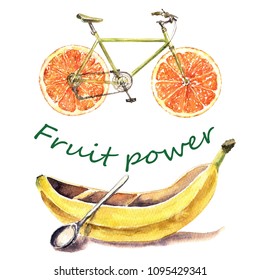 Eco Advention Watercolor Orange Bike, Banana Kayak. Juicy And Fresh Adventure