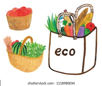 eco bag and fruit basket, watermelon, apple, eggplant, baguette, milk, carrot
, shopping basket, hand drawn in watercolor on white background.