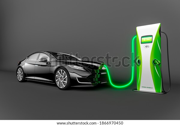Eco Car Illustration. Wide Angle View Of A\
Generic Black Electric Vehicle Being Charged By A Glowing Cable\
From An Electric Vehicle Charging Station, Isolated Against Grey.\
3d Rendering.