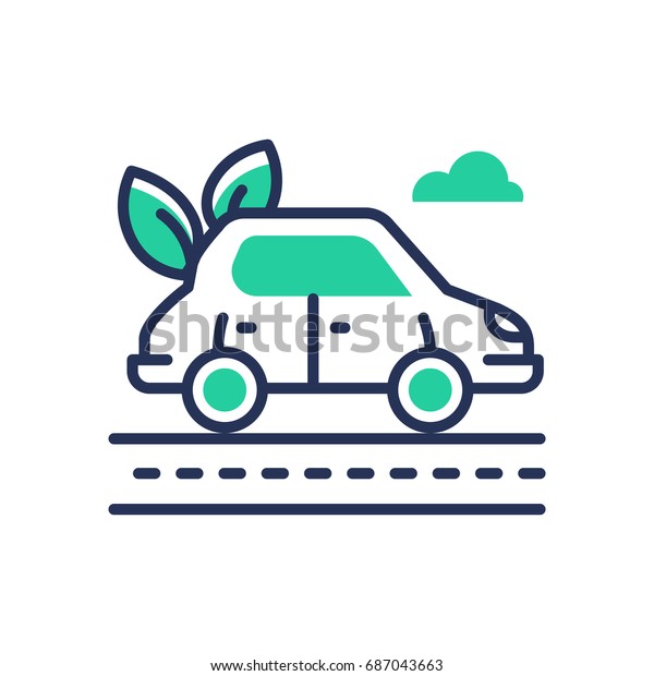 Eco Car -\
modern single line icon. An image of a vehicle that is fueled by\
ecologically clean energy, leaves, road. Representation of green\
transportation, new way, better\
tomorrow.