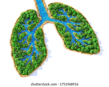 Eco concept. Trees with river in form of human lungs on a white background. 3d illustration