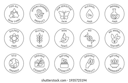 Eco Cosmetics Icon. Organic Natural Products Alcohol, Paraben And Gluten Free Line Icons For Packaging. Round Stamps And Badges  Set