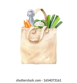 Eco cotton bag with vegetables, glass bottle – watercolor hand drawn clipart isolated on white background. Carrot, cabbage and leek from market. Zero waste lifestyle, eco-friendly accessories. - Powered by Shutterstock