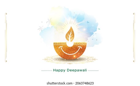 Eco Diwali Deepawali creative concept with Beautiful environment green leaf happy smile and modern floral rangoli decoration