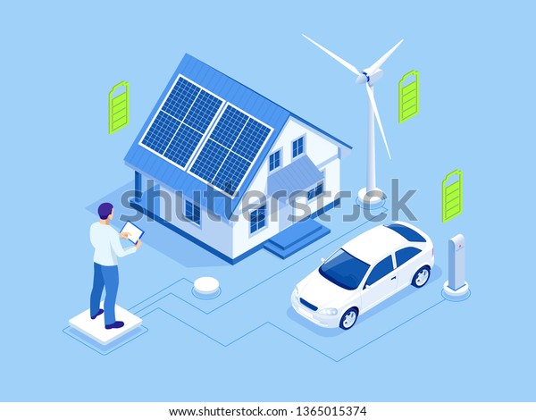 Eco energy and Ecology concept. Green energy\
an eco friendly modern house. Renewable energy solar and wind power\
generation