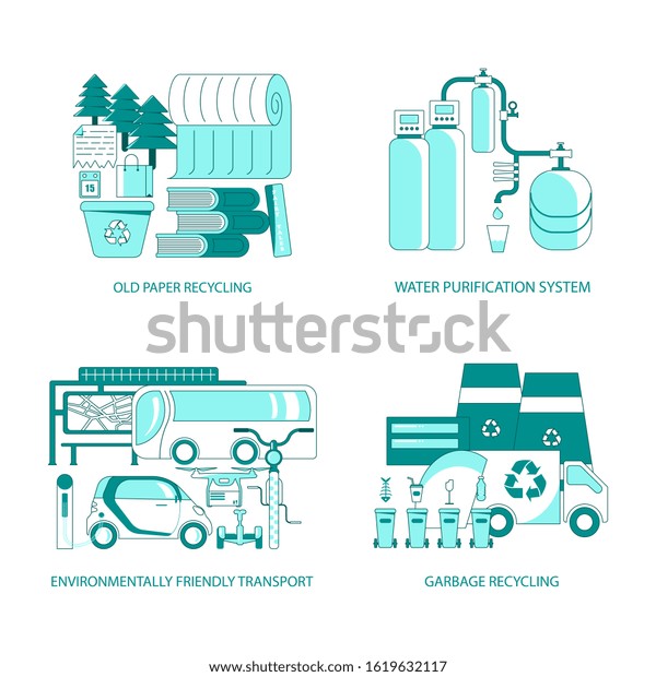 Eco and environmentally friendly icons. Water\
purification system, Solar energy city, Solve polution problem.\
Flat Art Rastered\
Copy