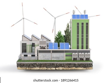 Eco Factory On The Island Isolated On White Background. 3d Illustration