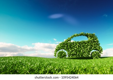 Eco Friendly Car Development, Clear Ecology Driving, No Pollution And Emmission Transportation Concept. 3d Rendering Of Green Car Icon On Fresh Spring Meadow With Blue Sky In Background.