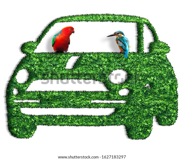 Eco friendly car silhouette with\
colibri and parrot birds, and realistic green leaves texture,\
isolated 3D illustration on the white\
background.