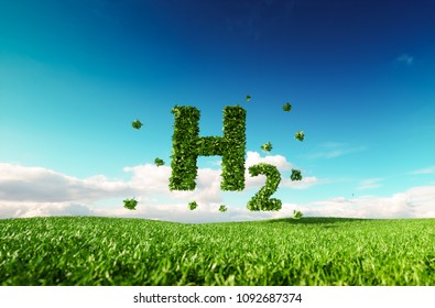 Eco Friendly Clean Hydrogen Energy Concept. 3d Rendering Of Hydrogen Icon On Fresh Spring Meadow With Blue Sky In Background.