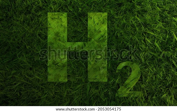 Eco friendly clean hydrogen energy concept.\
3d hydrogen icon on fresh spring\
meadow