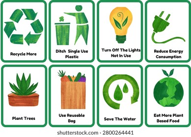 Eco friendly icon set promoting recycling, energy saving and environmental protection practices.