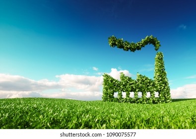 Eco Friendly Industry Concept. 3d Rendering Of Green Factory Icon On Fresh Spring Meadow With Blue Sky In Background.