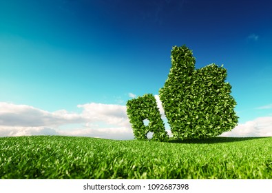 Eco friendly, no waste, zero pollution, climate control agreement concept. 3d rendering of thumbs up icon on fresh spring meadow with blue sky in background.