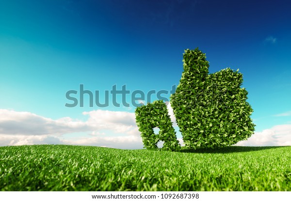 Eco friendly, no waste, zero\
pollution, climate control agreement concept. 3d rendering of\
thumbs up icon on fresh spring meadow with blue sky in\
background.