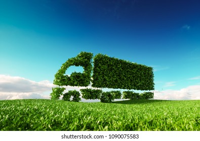 Eco Friendly Transportation Concept. 3d Rendering Of Green Green Truck Icon On Fresh Spring Meadow With Blue Sky In Background.