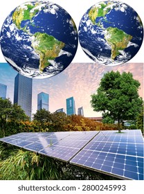 Eco friendly urban development concept featuring solar panels, green city and global sustainability theme.