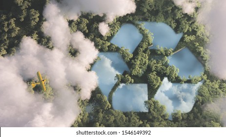 Eco friendly waste management concept. Recyclyling sign in a lake shape in the middle of dense amazonian rainforest vegetation viewed from high above clouds with small yellow airplane. 3d rendering. - Powered by Shutterstock