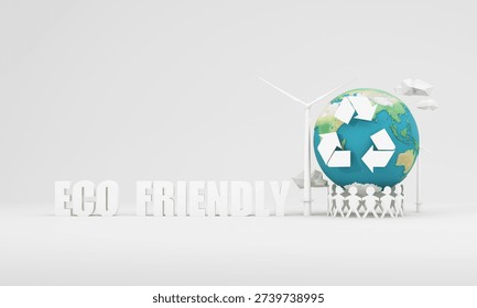 Eco friendly world concept with wind turbines, globe and recycling sign with eco friendly text representing renewable energy, environmental protection and sustainable planet future, 3d rendering.