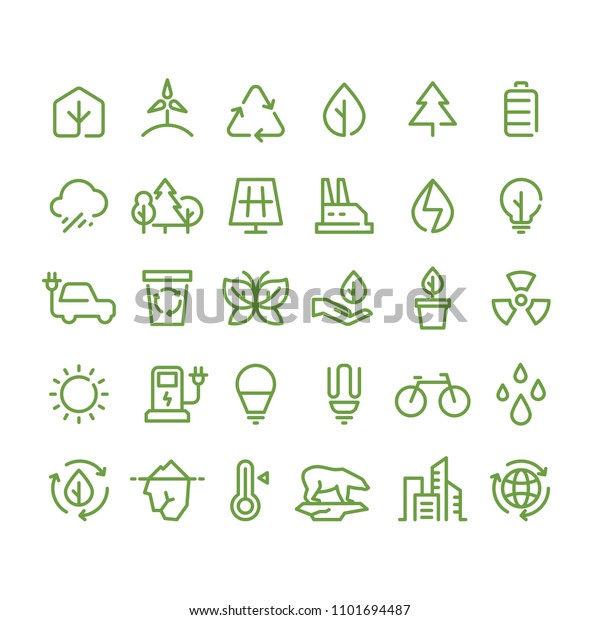 Eco and green environment line icons.\
Ecology and recycling outline symbols. Green energy environment,\
eco recycling power\
illustration