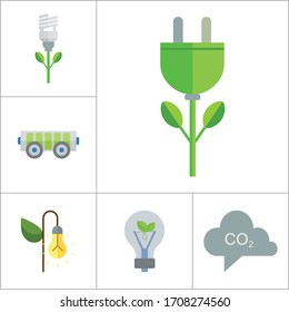 Eco Icon Set. Electrocart Flowers Electrocar Carbon Dioxide Cycle CO2 In Cloud Eco-friendly Lightbulb Circulation Sign Electric Plug Flower Lamp Flower Environmental Protection Eco Energy Recycle Bin