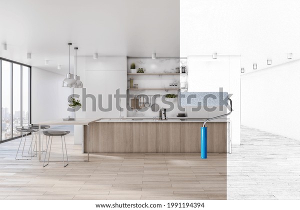 Eco interior design of sunny stylish\
kitchen area with wooden tabletop, white walls, huge window and\
handwritten blueprint divided by paint roller. 3D\
rendering