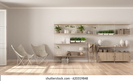 Eco interior design with wooden bookshelf, diy vertical garden storage shelving, living, lounge relax area with armchairs, 3d illustration
