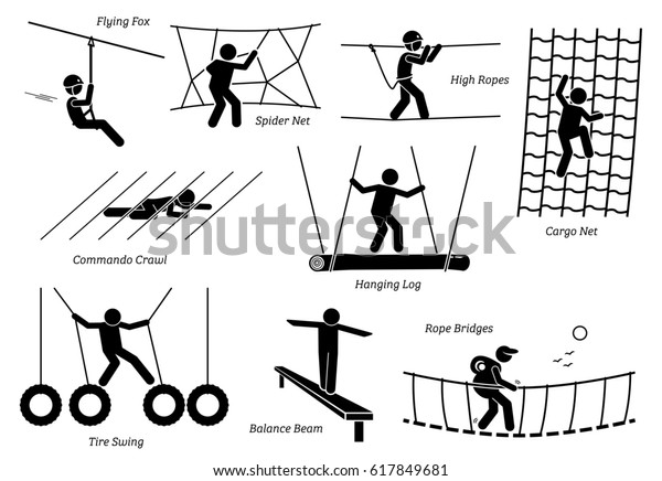 エコリゾート活動 アートワークは フライギツネ クモネット ハイロープ カーゴネットの登山 クロール 吊り丸太 タイヤの揺れ 釣り桁 ロープの橋 など エコリゾートでのゲームを描く のイラスト素材