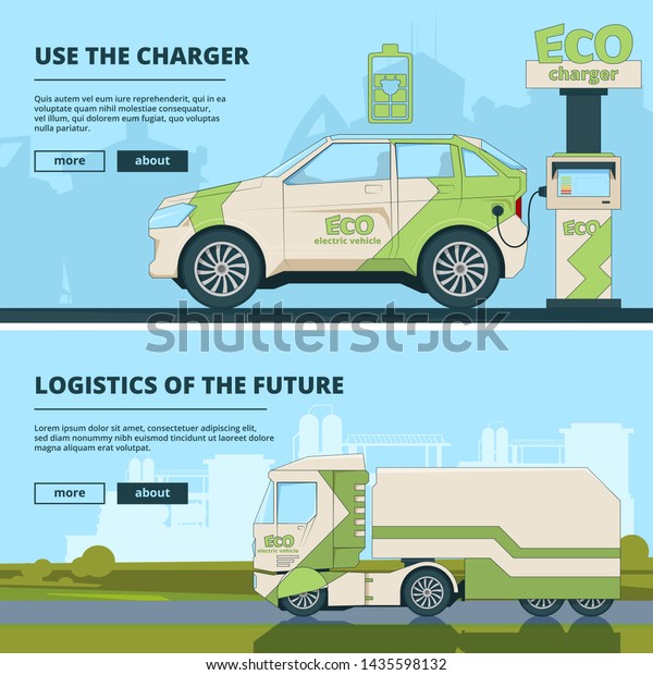 Eco station for electric cars. Various\
banners with pictures of electric cars. Eco car station for\
vehicle, energy electric.\
illustration