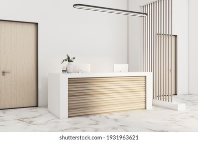 Eco Style Reception Desk In Sunny Modern Office With Wooden Slatted Screen And Marble Floor. 3D Rendering