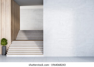 Eco Style Stairs With Wooden Decoration Near Blank Light Concrete Wall. 3D Rendering, Mockup