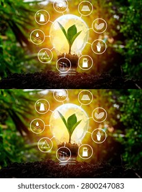 Eco technology concept with green leaf and environmental icons representing sustainability and renewable energy innovation.