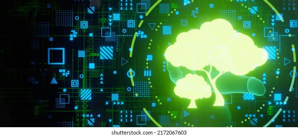 Eco Trees And Technology Responsibility Abstract Concept Glowing Hologram Effects With Hand Pointing 3D Render