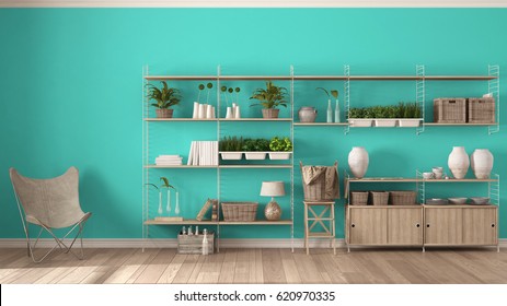 Eco turquoise interior design with wooden bookshelf, diy vertical garden storage shelving, living, lounge relax area with armchair, 3d illustration