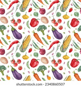 Eco vegetables seamless pattern. Hand-drawn watercolor vegies. Healthy vegetarian food background. Colorful seamless pattern with fresh vegetables isolated on white. - Powered by Shutterstock