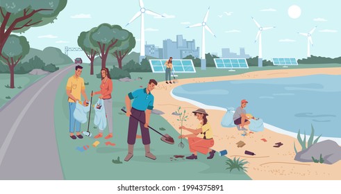 Eco-city environment, garbage collection and tree planting. People volunteers cleaning up beach from wastes, flat cartoon design. windmills and solar panels, team of adults kids pickup rubbish - Powered by Shutterstock