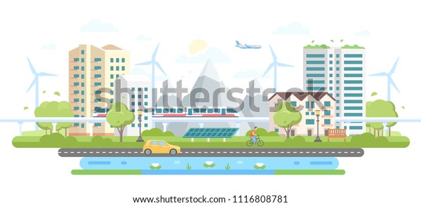 Eco-friendly city district - modern flat design\
style illustration on white background. A composition with\
skyscrapers, mountains, windmills, solar panels, car, pond, train,\
people,\
airplane