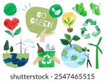 Eco-friendly collage with recycling symbols, green energy, and earth illustrations. Go green with recycling, green energy, and eco-friendly actions.  Environment graphics isolated on white background.