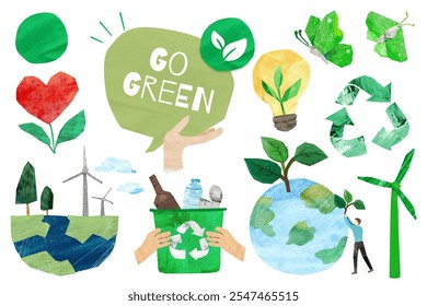 Eco-friendly collage with recycling symbols, green energy, and earth illustrations. Go green with recycling, green energy, and eco-friendly actions.  Environment graphics isolated on white background.