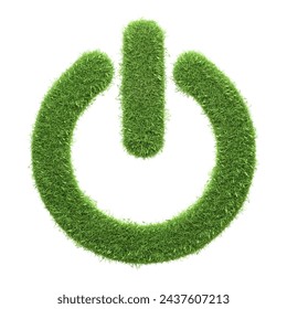 An eco-friendly power button icon made of green grass, signifying energy conservation and green technology, isolated on a white background. 3D render illustration