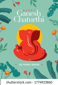 Eco-Friendly Terracotta Ganesha Idol Illustration On Ganesh Chaturthi 2020 Floral Background  For Invitation, Poster, Social Media Post Design