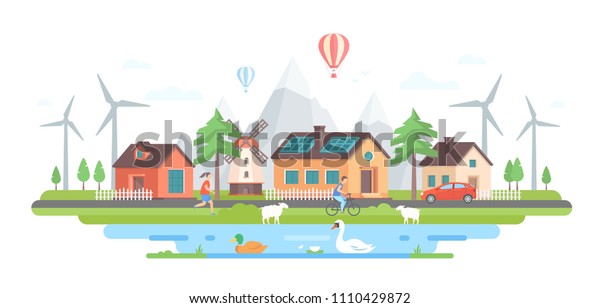 Eco-friendly village - modern flat design style\
illustration on white background. Lovely landscape with small\
buildings, trees, windmills, pond, active people, sheep, cars on\
the road