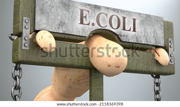 E.coli impact and social\
influence shown as a figure in pillory to depict E.coli\'s effect on\
human health and its significance and burden it brings to life, 3d\
illustration