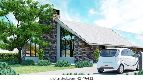 Ecologic luxury house and electric car, 3d render