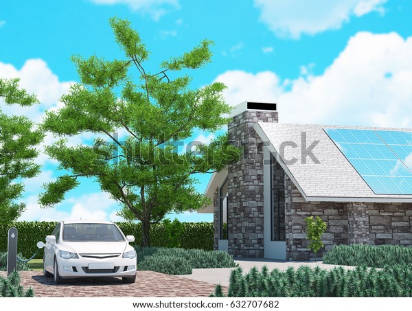 Ecologic luxury\
house and electric car, 3d\
render